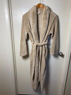 Pottery Barn Plush Robe Faux Fur Collar Belted Cozy Neutral Medium